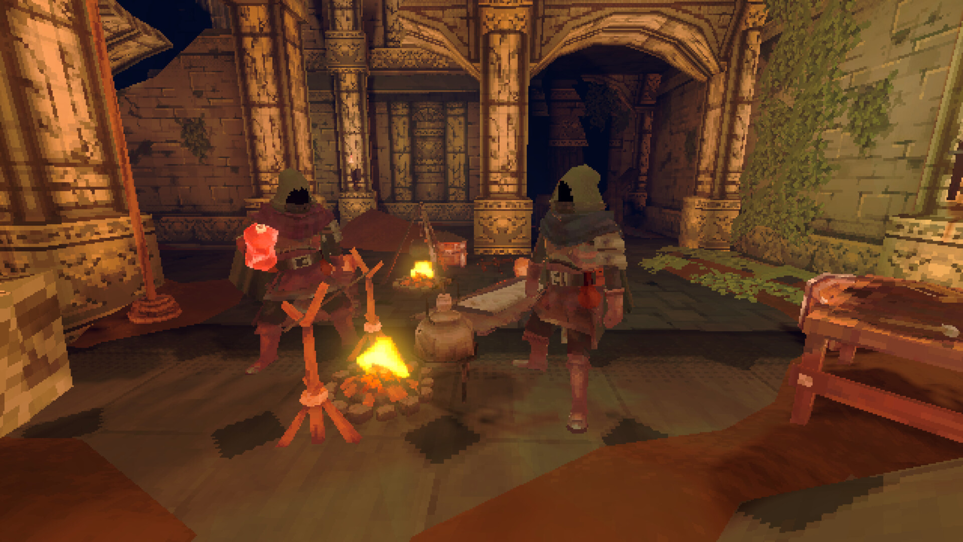Hooded adventurers cooking beside fires in the carved stone halls of Deep Dish Dungeon