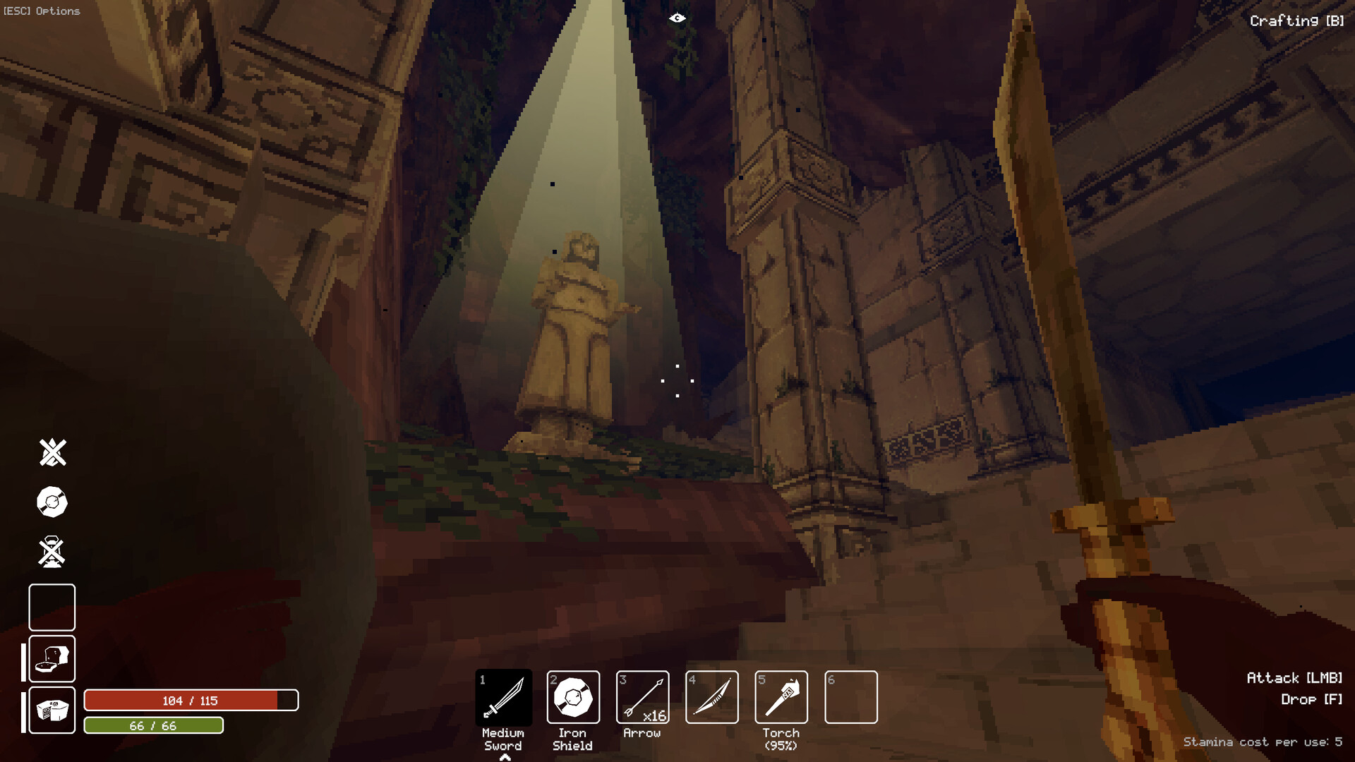Stone corridors opening toward a sunlit dungeon stairway